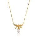 wholesale Silver Japanese-style minimalist design small pearl collarbone chain bow necklace pendant Valentine's Day gift-0-4