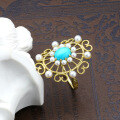 wholesale 9K Gold Vintage Openwork Palace Style Natural Turquoise Pearl Ring for Women-0-2
