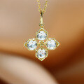 wholesale 9K Gold Retro Floral Leaf Design White Topaz Pendant, Creative New Four-Leaf Clover Versatile Necklace Without Chain-0-1