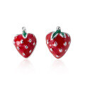 wholesale S925 silver earrings for women, Korean-style, simple and cute, girly, fruit-themed red strawberry with green leaves ear accessories G2109-0-4