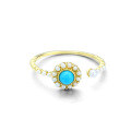 wholesale 9K gold Japanese lightweight luxury jewelry, sunflower natural turquoise pearl open ring for women, adjustable-0-4