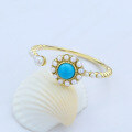 wholesale 9K gold Japanese lightweight luxury jewelry, sunflower natural turquoise pearl open ring for women, adjustable-0-3