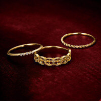 wholesale 9K gold Christmas limited Japanese-inspired luxury jewelry antique hollow three-piece set ring, window-patterned plain gold retro twist-Gear White Topaz Ring>11#