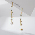 wholesale S925 Sterling Silver Textured Pearl Bead Tassel Ear Thread New Long Wave Earrings for Women G9312-0-1