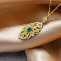 wholesale 9K Gold Vintage Royal Palace Style Natural Green Gemstone Cluster with Zirconia Pendant Emerald Bezel Edge Necklace in Stock-0-3