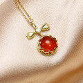wholesale 9K Gold Alloy Japanese Korean Sweet Bow Carnelian Pendant Necklace, Yili Light Luxury Choker Collarbone Chain Versatile-0-2