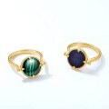 wholesale S925 silver plated with 9K gold, Japanese light luxury natural malachite reversible disc ring with vintage pattern-0-3