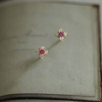 wholesale 9K gold classic four-leaf flower earrings with zirconia, exquisite mini design, popular holiday gift for elegant girls-9K per price
