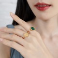 wholesale S925 silver plated with 9K gold, Japanese light luxury natural malachite reversible disc ring with vintage pattern-0-1