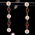 wholesale Metal material, Korean earrings for women, elegant new style, high-end marquise-shaped red pomegranate long drop tassel pearl earrings-0-1