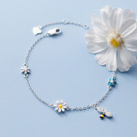 wholesale Metal S925, forest-style fresh and sweet colorful flower bracelet with inlaid diamond little bee cute hand accessory S4230-S925 silver bracelet silver 925 silver