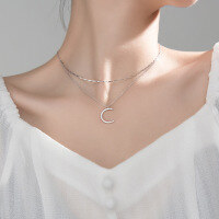 wholesale S925 Sterling Silver Internet-Famous Diamond-Inlaid Moon Double-Layer Necklace Pendant Light Luxury Collarbone Chain Necklace D7037-s925 silver necklace 925 silver