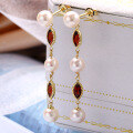 wholesale Metal material, Korean earrings for women, elegant new style, high-end marquise-shaped red pomegranate long drop tassel pearl earrings-0-2