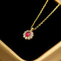 wholesale 9K Gold Japanese Light Luxury Jewelry Minimalist Oval Ruby Group Setting Zircon Pendant Collarbone Necklace Women Elegant Necklace-0-3