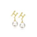 wholesale 925 Sterling Silver Letter Earrings for Women, Exquisite Craftsmanship, Korean Style, Elegant English "H", Artificial Pearl Earring Drop, Bamboo Segment Jewelry-0-4