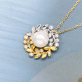 wholesale [9K Gold] Yili Jewelry Creative Personalized Two-Tone Floral Pearl Necklace for Women, Leaf-Enclosed Pendant Neckpiece-0-2