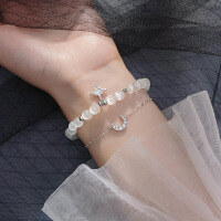 wholesale S925 silver alloy cat's eye stone bracelet star moon bracelet with diamond star moon elastic rope accessory S3952-s925 silver bracelet set