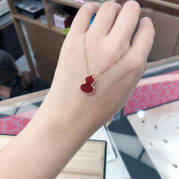 wholesale S925 Sterling Silver Exquisite Gourd Necklace for Women with Inlaid Red Agate, Elegant and Poetic Chinese Style Collarbone Chain-Gourd Necklace (Copper Plated Champagne Gold Red Agate)