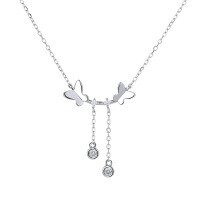 wholesale S925 Sterling Silver Butterfly Necklace for Women, Double Flying Tassel Pendant Collarbone Chain, Ethereal and Forest-Style, Unique Trendy Accessory-YD026/white gold about 2.53 grams 925 silver