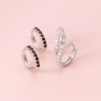 wholesale S925 Silver Ear Clasp Korean Style Micro-Paved Diamond Circle Earrings Chic Hong Kong Style Small Hoop Earrings Jewelry E9613-S925 Silver Earrings with Black Diamonds Silver 925 Silver