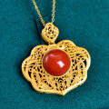 wholesale Vintage 925 Sterling Silver Plated with Ancient Gold Technique, Openwork and Inlaid with Southern Red Agate Ruyi Pendant Women's Collarbone Necklace with Certificate-0-6