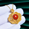 wholesale Vintage 925 Sterling Silver Plated with Ancient Gold Technique, Openwork and Inlaid with Southern Red Agate Ruyi Pendant Women's Collarbone Necklace with Certificate-0-5