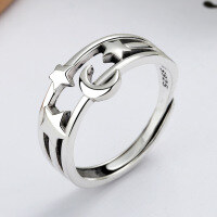wholesale 925 Sterling Silver Star Moon Korean Retro Ring, Little Fragrance Style Starry Sky Ins Trend Open Adjustable Ring for Girlfriend Best Friend Gift-YJ107/approx. 2.6g Adjustable opening