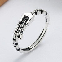 wholesale S925 Sterling Silver Japanese Korean Style Belt Buckle Chain Ring Vintage Antique Silver Distressed Craft Open Adjustable Ring Fresh and Sweet-YJ111/approx. 2g Adjustable opening
