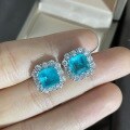 wholesale 925 Silver 2 Carat Synthetic Paraiba 7*7 Earrings Luxuriously Bezel-Set with Full Diamonds-0-3