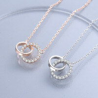 wholesale S925 Sterling Silver Double Circle Diamond Inlaid Collarbone Necklace, Ethereal and Trendy for Students, Korean Style Personality-YD031/Rose gold about 2.46g 925 silver
