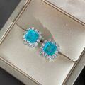 wholesale 925 Silver 2 Carat Synthetic Paraiba 7*7 Earrings Luxuriously Bezel-Set with Full Diamonds-0-1