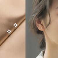 wholesale S925 Sterling Silver Earrings for Women, Korean-style Minimalist Geometric Hollow Square Diamond-studded Small Ear Accessories G6347-S925 silver pair gold model 925 silver