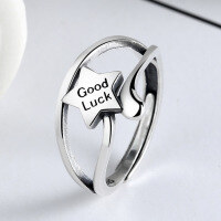 wholesale 925 Sterling Silver Star Good Luck Ring Fashion Cool Niche Design Retro Women's Personality Influencer Index Finger Ring-YJ131/approx. 2.6g Adjustable opening
