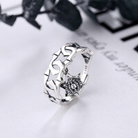 wholesale 925 Sterling Silver Adjustable Open Hexagram Crown Ring for Women, Ins Style Thai Silver Retro Unique Little Finger Small-YJ135/approx. 2.51g Adjustable opening