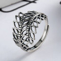 wholesale Metal: Sterling Silver Openwork Adjustable Wide Band Leaf Ring Women's Fashionable Personality Ins Trendy Vintage Chanel Style-0-1