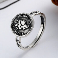 wholesale S925 Sterling Silver Minimalist Vintage European Style Round Queen Portrait Relief Ring, Versatile Trendy Index Finger Ring for Women-YJ139/approx. 2.5g Adjustable opening