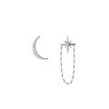wholesale S925 silver asymmetric crescent ear stud with minimalist chain and starry short design for girls G7347-0-4