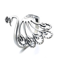 wholesale S925 Sterling Silver Vintage Adjustable Peacock Wide Band Ring for Women, Ethnic Style Antique Thai Silver Phoenix Ring-YJ159/approx. 2.8g Adjustable opening