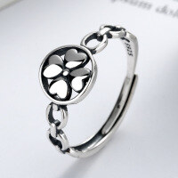 wholesale Sterling Silver S925 Women's Ins Korean Style Personalized Fashion Elegant Thai Silver Color Adjustable Openwork Four-Leaf Clover Ring-YJ170/approx. 1.6g Adjustable opening