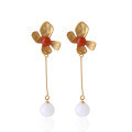 wholesale 925 silver gold-plated with certificate ancient style 10mm white jade beads long earrings with floral design and southern red agate-0-4