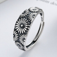wholesale S925 silver chic women's fashion trendy vintage oxidized Thai silver daisy open ring silver jewelry-YJ169/approx. 2.8g>Adjustable opening