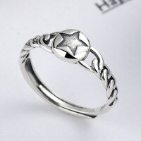 wholesale S925 sterling silver fashion retro pentagram rope braided open-ended ring for women, distressed irregular chain finger ring-YJ191/1.8g>Adjustable opening