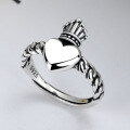 wholesale S925 Sterling Silver Vintage Antique Twist Heart Crown Ring, Chic Korean Style Fashion Women's Silver Jewelry-0-0