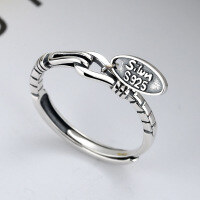 wholesale S925 Sterling Silver Korean Retro Fashion Vintage Style Box Chain Link Oval Letter Plate Ring Accessory-YJ195/approx. 2g Adjustable opening