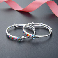 wholesale S999 Solid Silver Korean Style Cute Baby Bracelet Pair with Colorful Enamel Flowers LOVELY Infant Children's Bracelet Accessories-A pair of baby bracelets, approximately 21.5g 999 silver