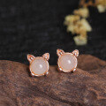 wholesale Rose gold plated 925 silver with certificate, sweet and cute cat earrings featuring white jade tassels and Hetian jade-0-0