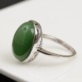wholesale 925 Silver Inlaid Green Jade Ring with Appraisal Certificate, Large Cabochon Green Jade Ring, Hetian Jade Women's Ring, Openable-0-3