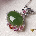 wholesale 925 Sterling Silver with Certificate Jade Pendant, Ancient Style Inlaid with Tourmaline and Hetian Jade Fortune Bag Purse Wealth Attracting Pendant Necklace-0-6