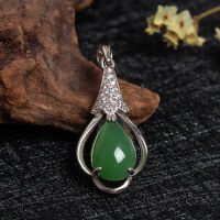 wholesale 925 Sterling Silver Wholesale Ethnic Style Inlaid with Hetian Jade Pendant with Certificate, Green Jade Teardrop-shaped Pendant for Women-Jadeite 8*12mm pendant (without chain)  925 silver