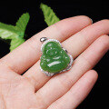 wholesale 925 Sterling Silver Mounted Hetian Green Jade Pendant Necklace with Laughing Maitreya Buddha and Certificate-0-5